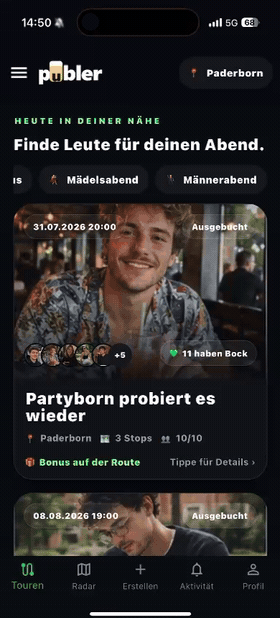 Animierte Vorschau: Kneipentouren in der publer App finden
