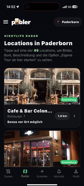 Animierte Vorschau: Pubs und Locations in der publer App finden